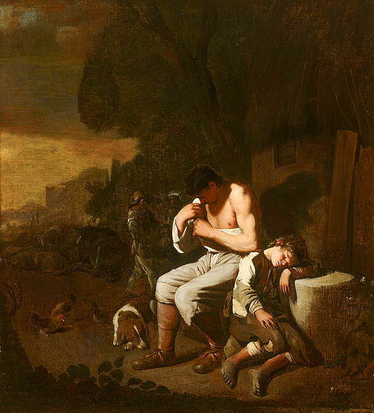 a man delousing himself and a sleeping boy
